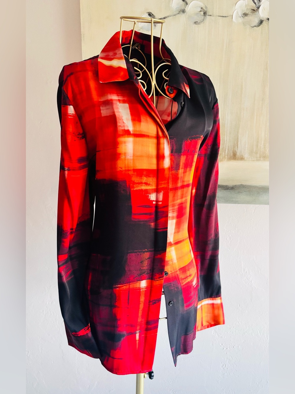 Donna Karan New York Silk Abstract Print Button Front Blouse Large